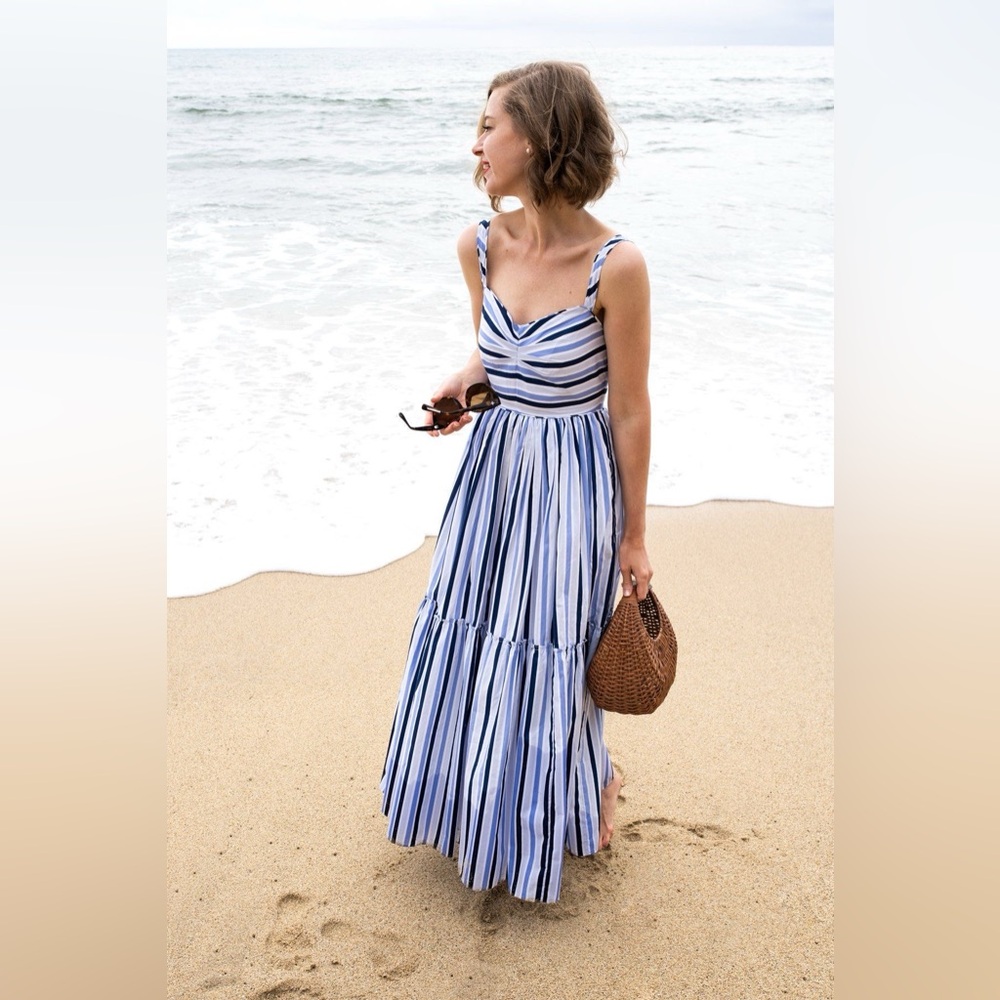 J. CREW Shirting Stripe Tiered Maxi Dress Size 6 Spaghetti Straps 100# Cotton
